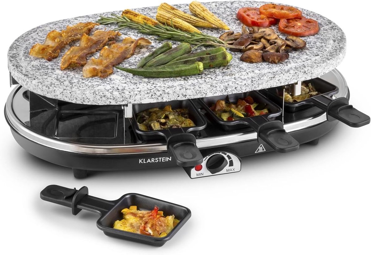 Elektrische Tafelgrill - Raclette Grill - Gezellig Eten - Temperatuurregeling - 45.5 x 29.5 x 12 cm - Zwart Grijs Wit