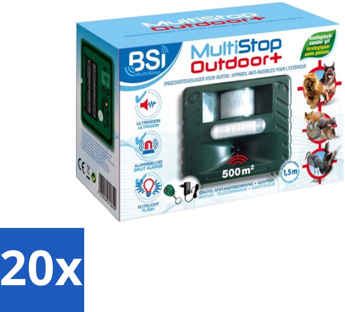 BSI – Multistop Outdoor Plus – Dierenverjager Ultrasoon met Flitslicht & Alarm – Bereik tot 500 m² - Bulkverpakking - 20 stuks