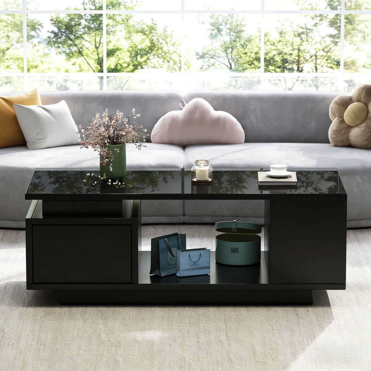 MODFU Salontafel - Met Lade En Open Vakken - Minimalistisch - Voor Woonkamer - Spaanplaat - Zwart - 100 x 50 x 36 cm