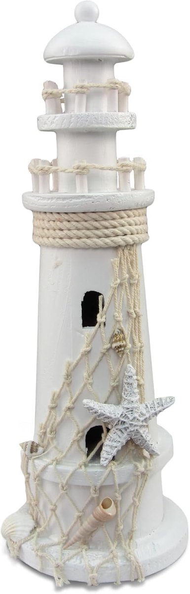 Houten Vuurtoren Decoratie - Nautisch Ornament - Kusthuis Inrichting - Handgeschilderd Visnet - 28cm Hoog - Wit