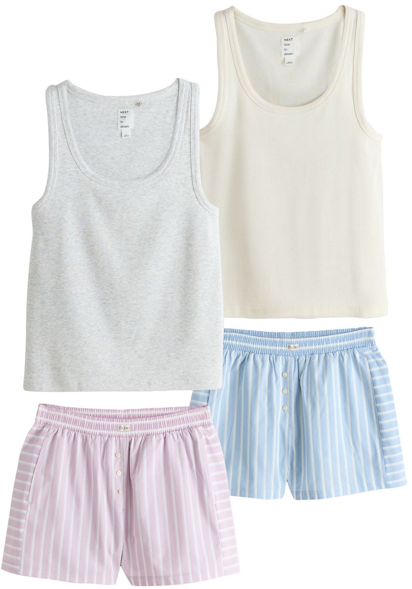Next - Dames - Set van 2 korte geribbelde pyjama's - Crème