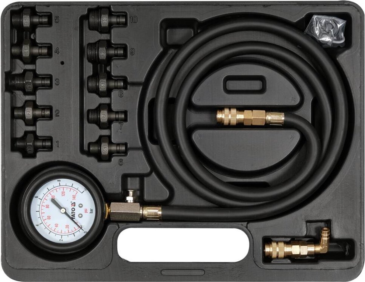 Yato YT-73031 - Olie Drukmeter - 70 mm - 125 cm Slang - Adapter Set