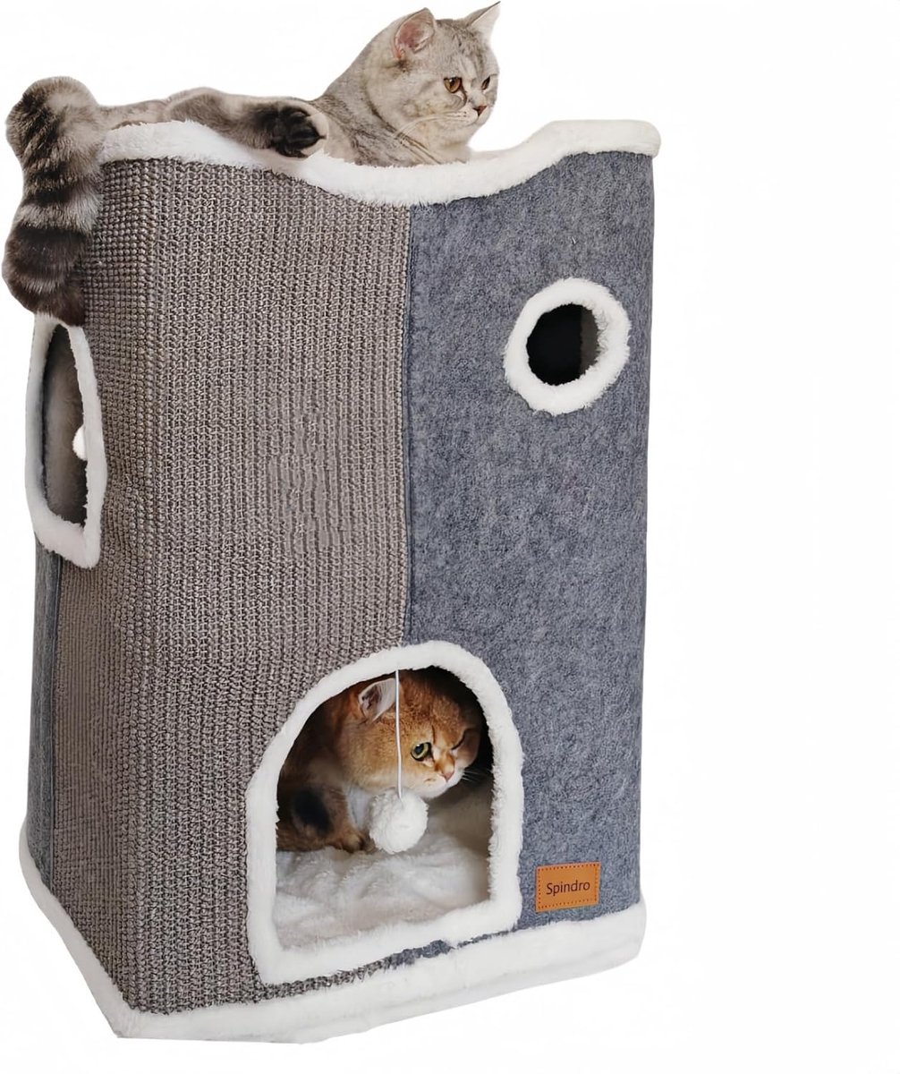 Kattenhuis 3 verdiepingen - Kattenkubus - Binnenkat - Inclusief krabmat - 42x33x61 cm - Grijs