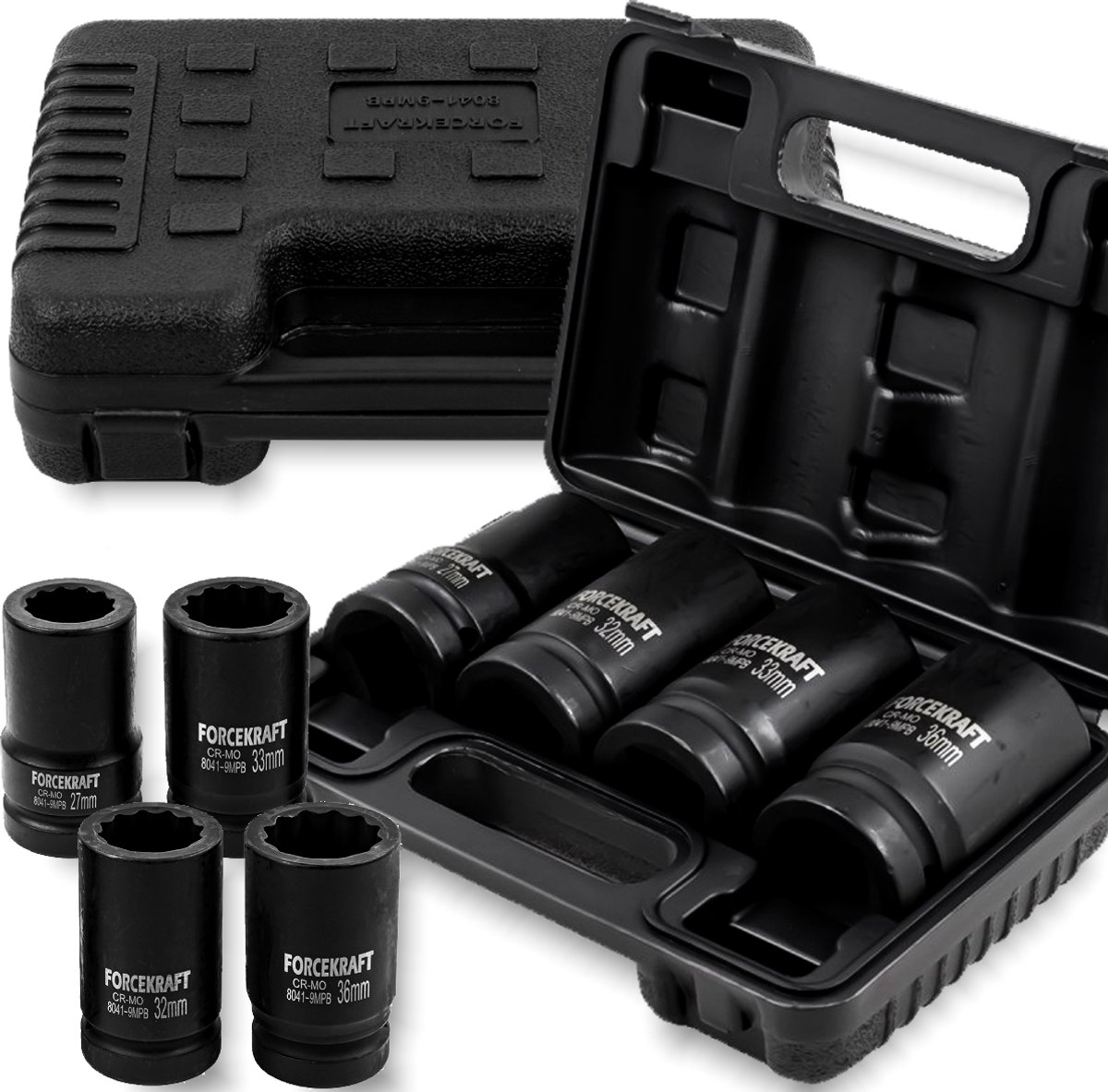 Forcekraft FK-8041-9MPB - Diepe Moersleutels Set - 27-36mm - 12-kant - 1 Inch