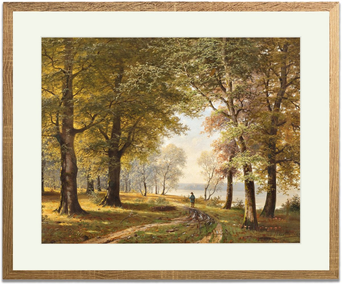 Bospad met wandelaar in de herfst (Jacobus Johannes van Poorten) - Ingelijste Muurkunst - 63x53cm lichtbruin frame - Glasplaat en Passe-partout - Museum kwaliteit print