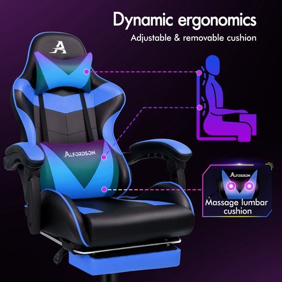 Gamestoel met voetensteun, 8 massagepunten en 150° kanteling, ergonomische racestoel met verstelbare hoogte en een draagvermogen van 180 kg — afbeelding 3