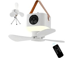 Campingventilator met LED-lamp – 4 snelheden, LED-lamp, afstandsbediening, timer, oplaadbare tentventilator voor kamperen caravan en vissen – Wit