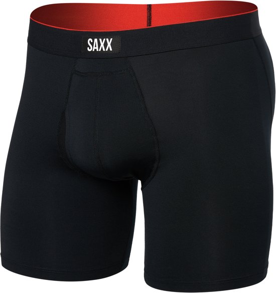 Zwarte SAXX boxer met oranje binnenzijde en logo.