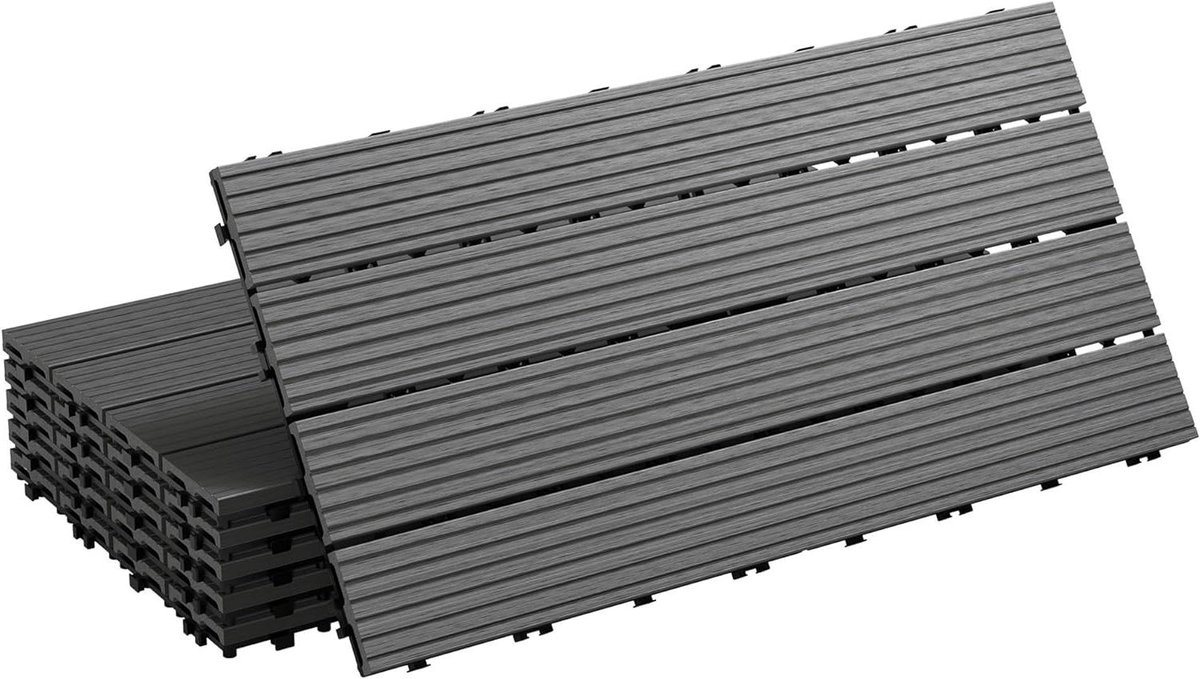 ECD Germany WPC Terrastegels Antraciet 60x30 cm 30 stuks = 5m² Geribbeld Houtlook Vloertegels Met Kliksysteem En Drainage Vlondertegels Balkontegels Kliktegels Voor Tuin Terras Balkon