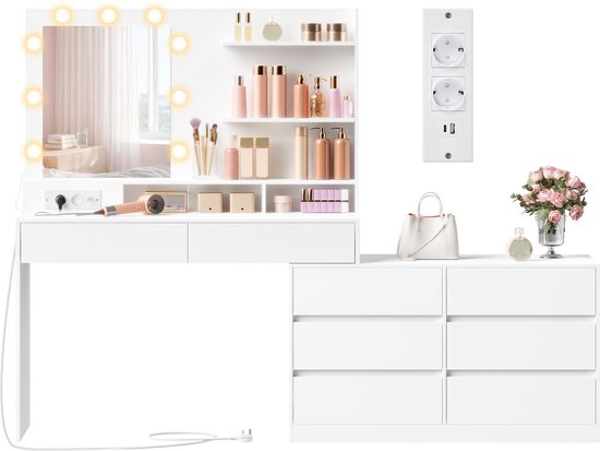 Moderne witte kaptafel met spiegel, LED-verlichting, 8 lades en 3 planken. Inclusief een bijpassende witte commode met 6 lades, witte handtas en bloemstuk.