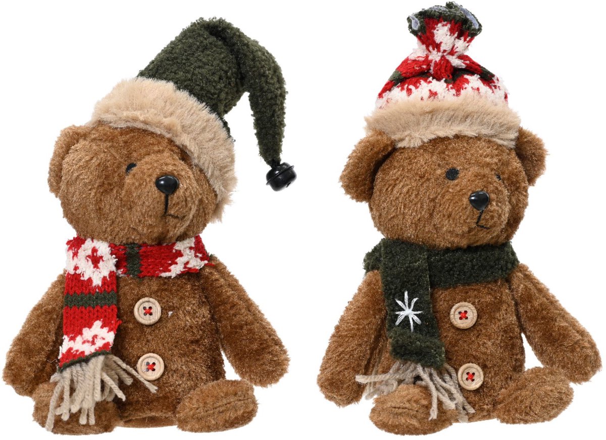 Decoris - Beer kerst zittend - Set van 2 - H23