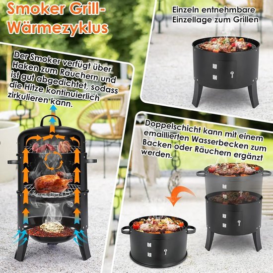 Seth Select Houtskool BBQ, Grill BBQ, Smoker BBQ, BBQ Smoker Grill met Handgrepen, 3-in-1 houtskool BBQ, Zwart van Merkloos — afbeelding 4