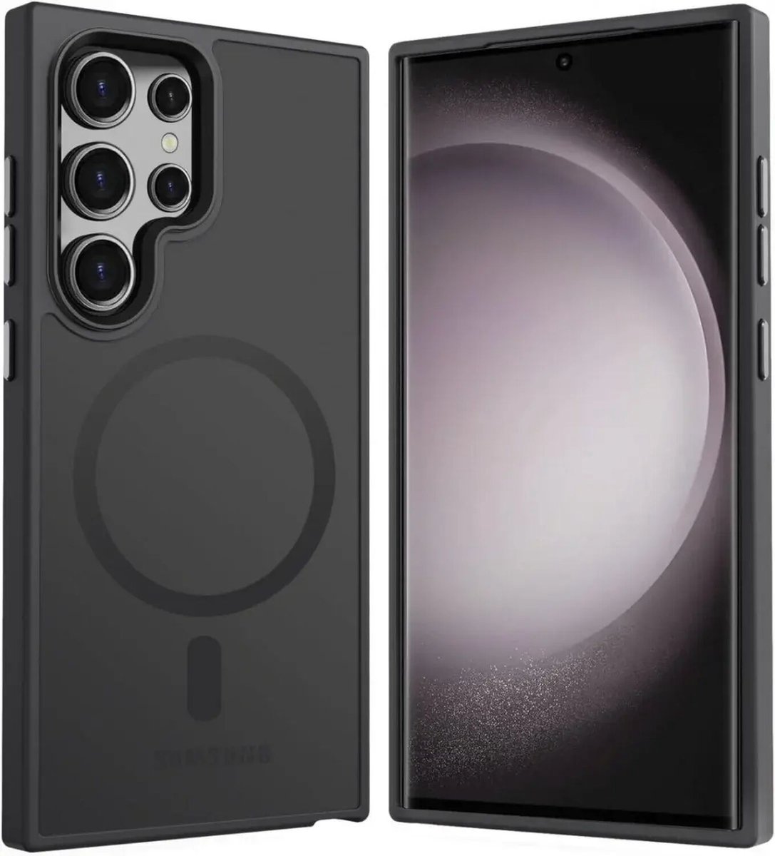 Hoesje Geschikt voor Samsung Galaxy S24 Ultra - Compatibel met MagSafe - Matte Beschermhoes - Back Cover met Magneet - Geschikt voor Draadloos Opladen met Magnetische Ring - Zwart
