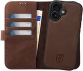 Rosso Elite Hoesje Geschikt voor Apple iPhone 16 | Compatibel met MagSafe | Book Case en Back Cover | Magnetisch Uitneembaar | Echt Leer Beschermhoes met Pasjeshouder | Bruin