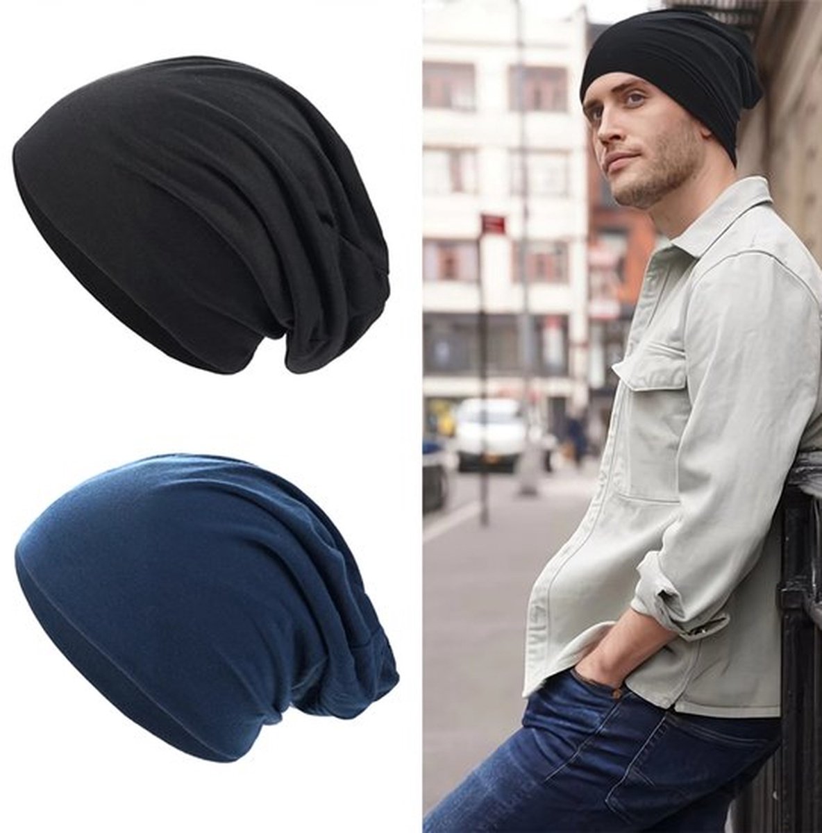 2 stuks slouchy mutsen voor mannen en vrouwen, elastische effen hoed, hiphop mutsen, zachte chemo mutsen, lichtgewicht hardloopmutsen (Zwart + Marineblauw)