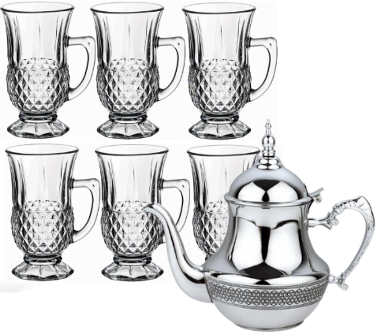 Hakal - Marokkaanse Theepot & Drinkglazen Set - 1.8L - RVS Theepot - 6 Drinkglazen met Handvat 125ml - Transparant & Zilver