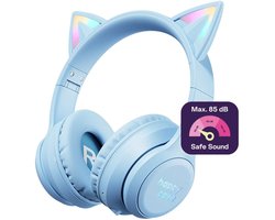 HappyCase Kinder Koptelefoon met Kattenoortjes - veilige volumebregrenzer - Bluetooth Koptelefoon Voor Kinderen - Ledverlichting - Over-Ear Hoofdtelefoon - Geluiddempend - Blauw