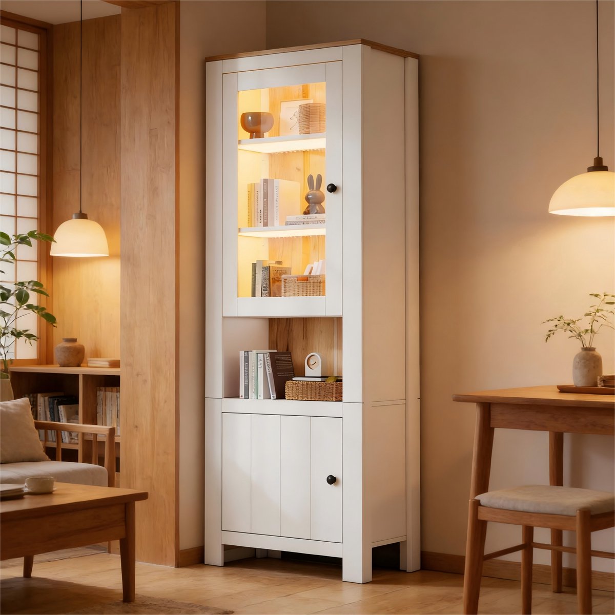 Merax Vitrinekast met Led Verlichting 188 cm - Hoge Kast met Glazen Deur en Verstelbare Planken - Opbergkast en Boekenkast voor Woonkamer en Keuken Wit Houtkleur