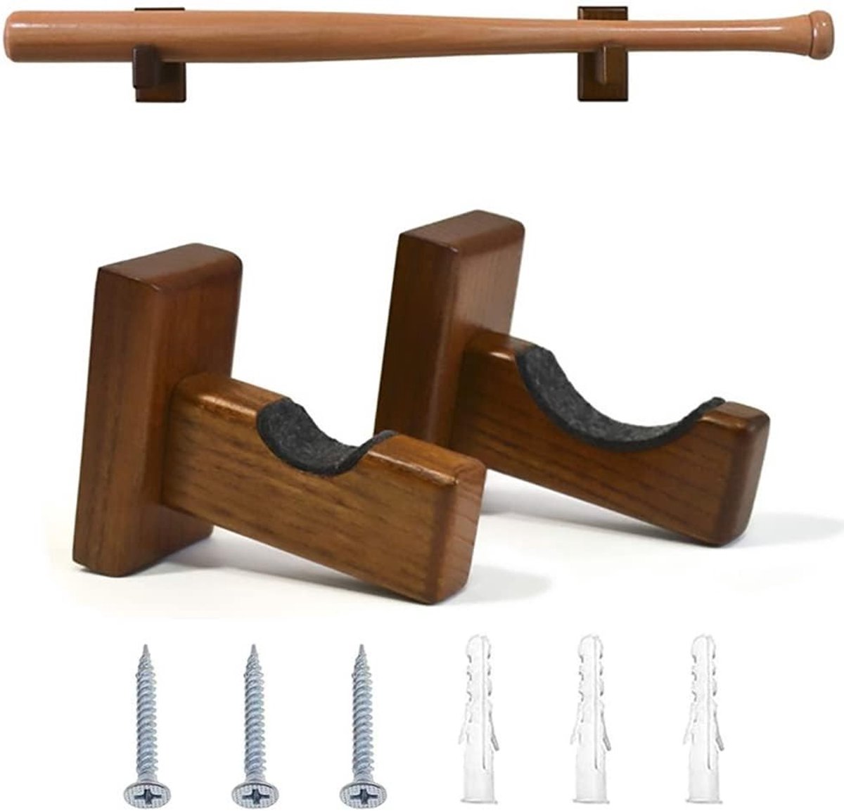 Houten wandrek voor honkbalknuppels, handgemaakt met viltvoering, ideaal voor opslag en decoratie van sportuitrusting