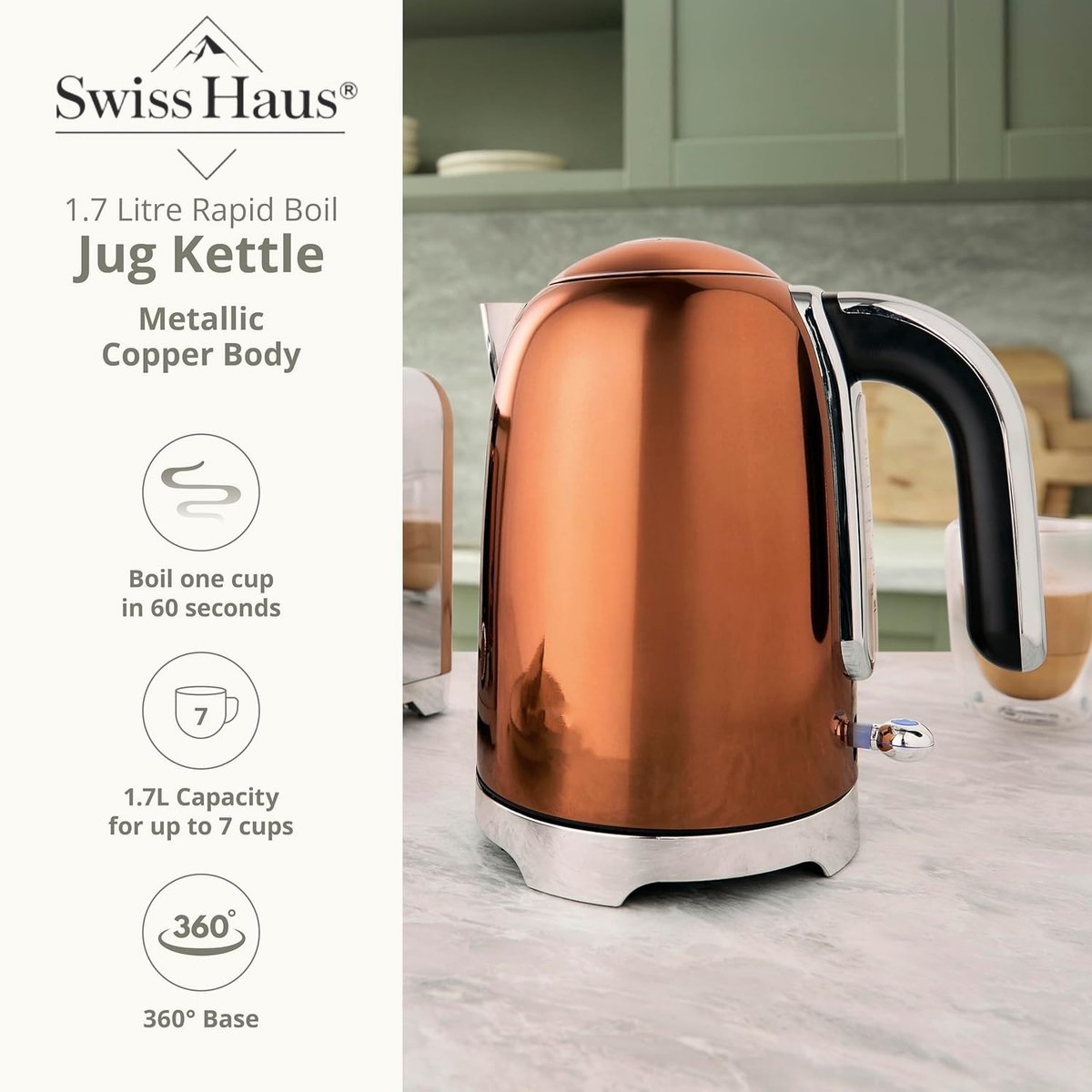 Swiss Haus® SWK2127 Waterkoker - 1.7L - 2200W – Retro Design – Kalkfilter – 360° Draaibare Basis – Kalkfilter - Koper — afbeelding 5