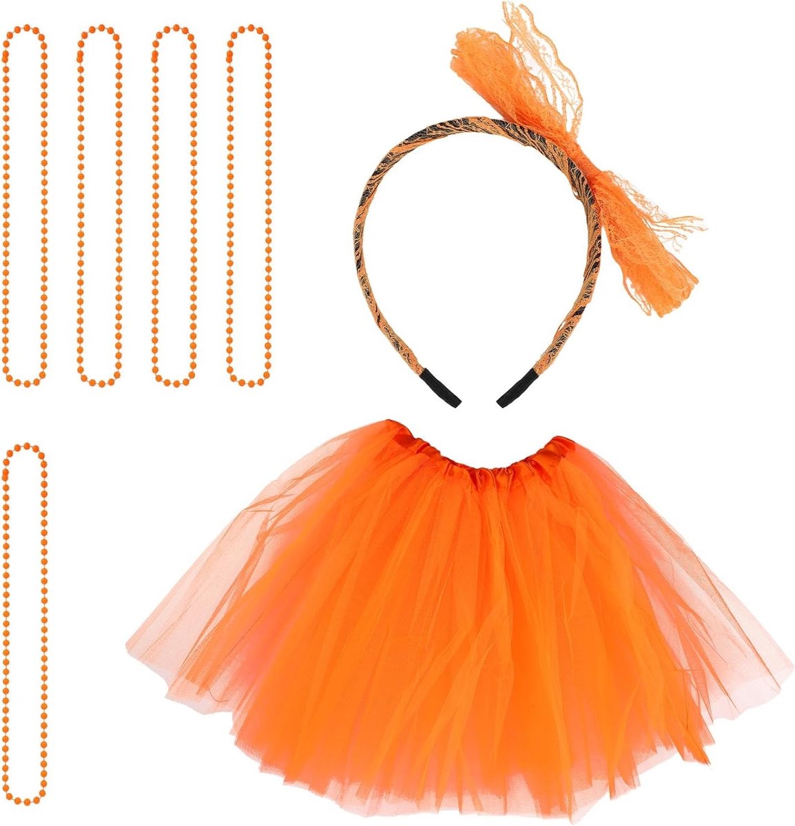 Jaren 80 Geïnspireerd Tutu Kostuum met Oranje Rok, Hoofdband en Kettingen voor Volwassenen - Perfect voor Halloween en Gala Feesten
