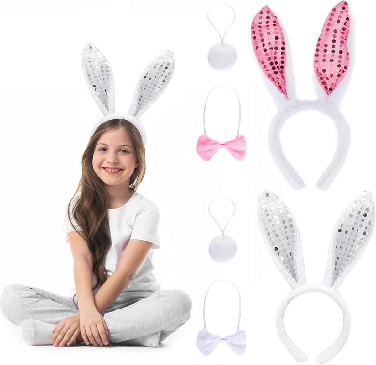 Bunny Oren Hoofdband en Staart Set voor Vrouwen en Kinderen - Paas Kostuum Accessoires voor Feestjes en Cosplay, 6 Stuks in Roze en Wit