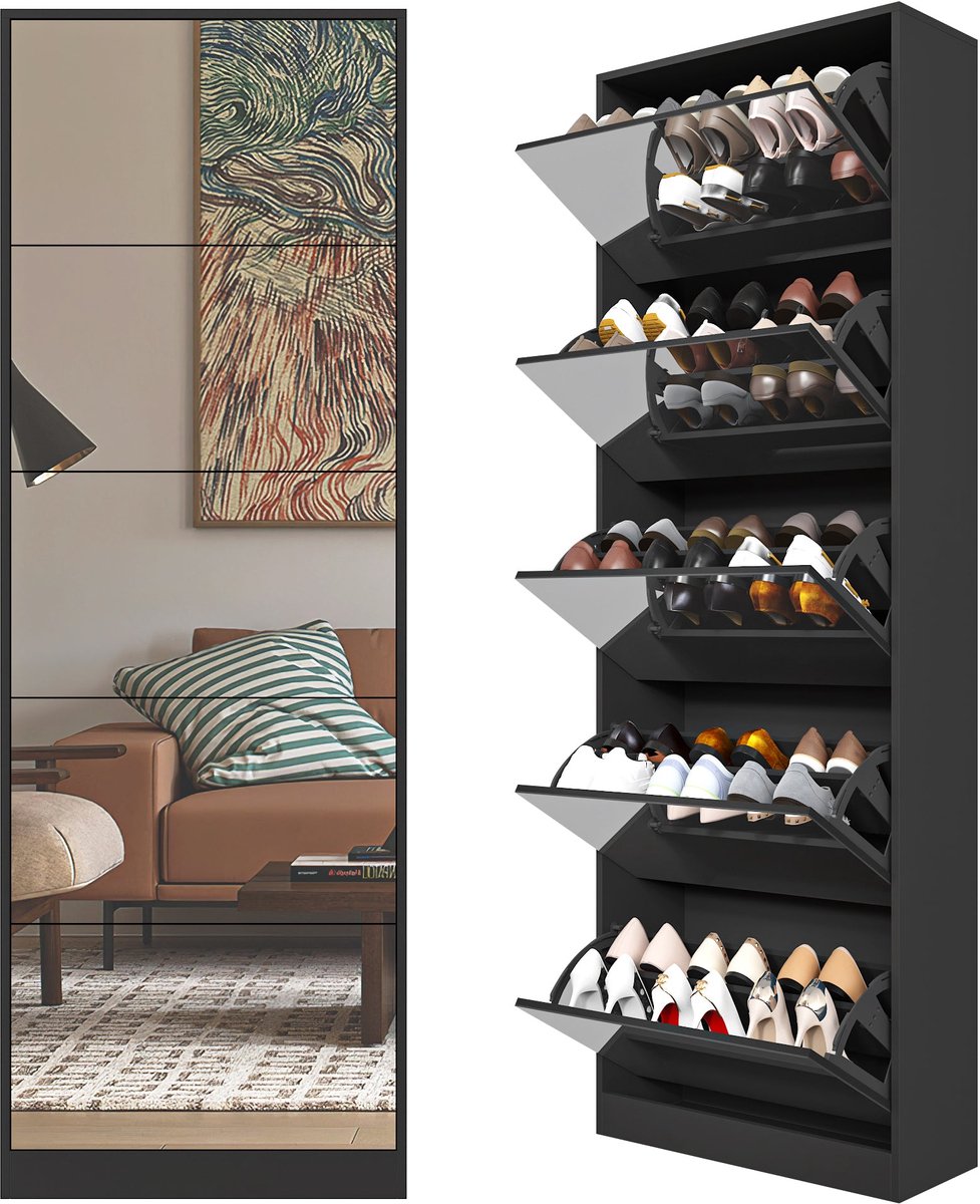 Merax Schoenenkast met Spiegel - Smalle Hal Kast met 5 Kleppen - Schoenenrek Opbergkast voor Hal en Entree - Zwart - 63x23,6x185 cm