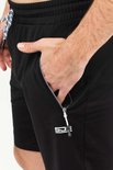 Gedetailleerde close-up van een zwarte korte sportbroek met ritsvak en logo.