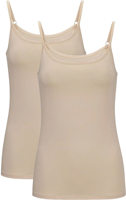 Deux débardeurs beige avec bretelles réglables.