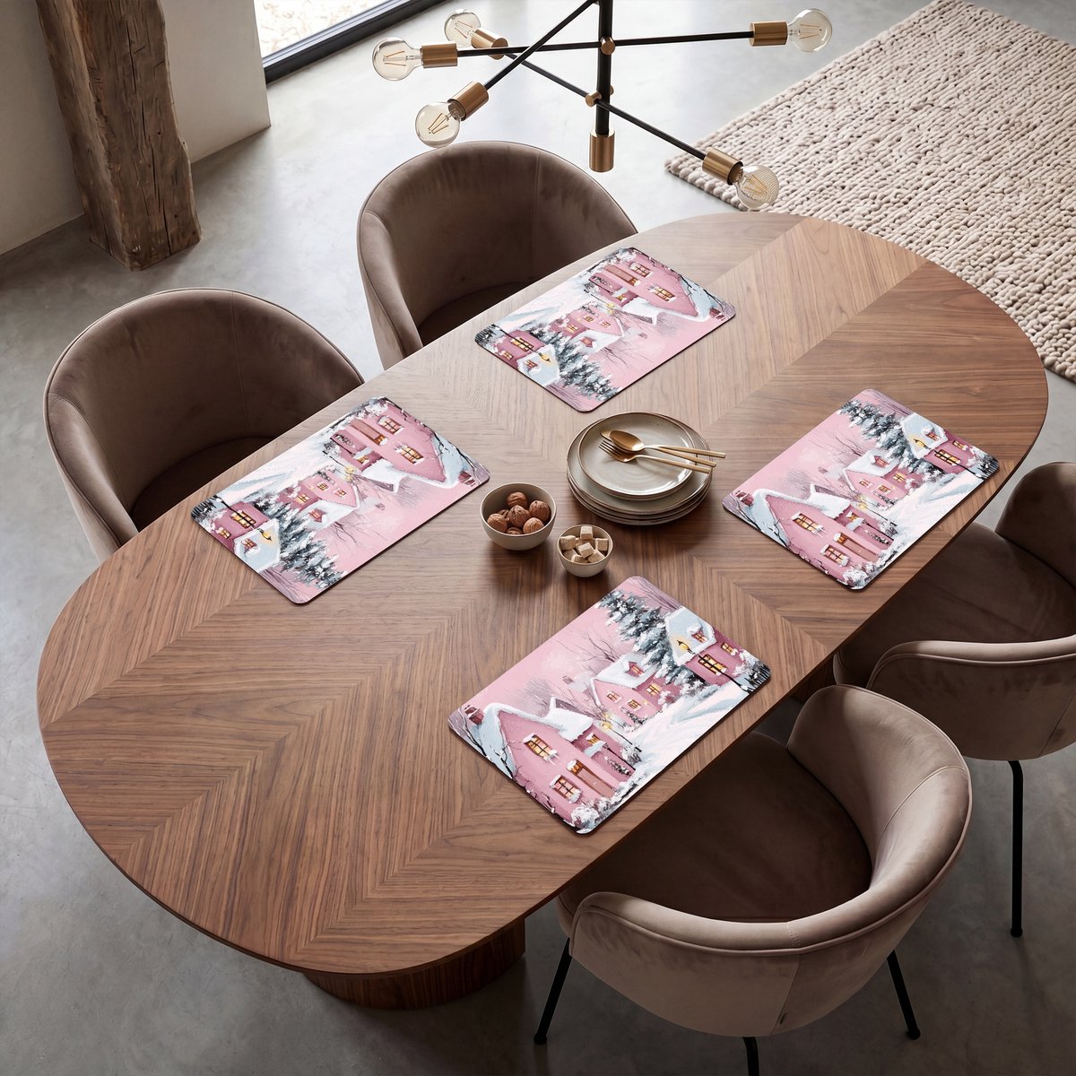 Placemats 45x30 cm - Placemat kunststof - 1 stuk - Kerstdorp - Roze - Winter - Sneeuw - Huizen - Borden onderleggers - Decoratie voor op tafel - Keuken tafeldecoratie accessoires - Vinyl onderlegger - Tafelversiering – foto 6