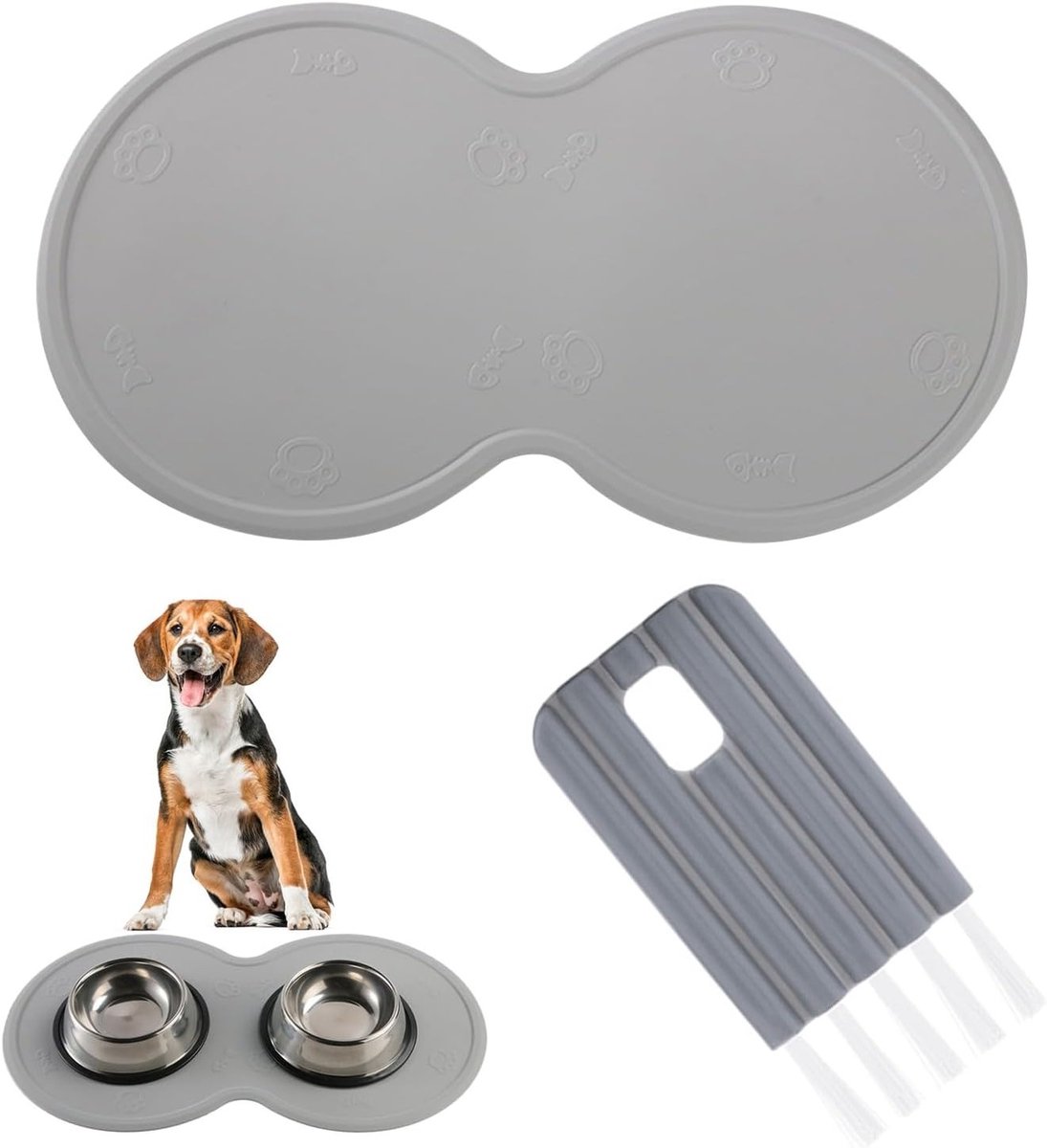 Honden- en kattenvoer mat van waterdicht grijs siliconen, inclusief schoonmaakborstel, ideaal voor huisdieren en voerbakken