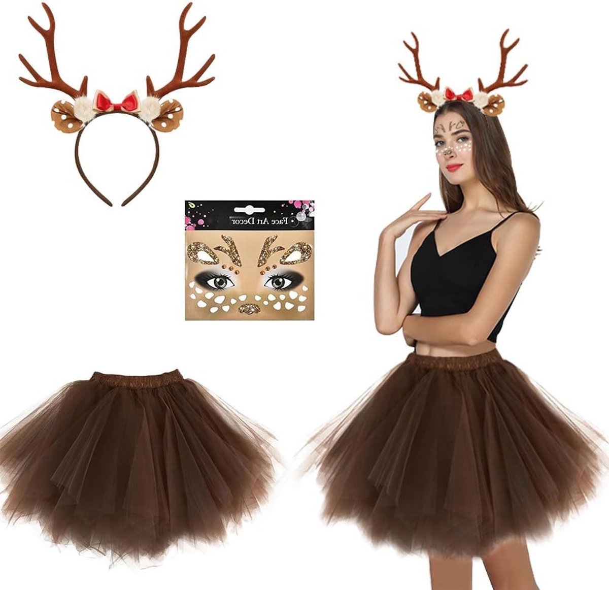 Vrouwelijk rendier kostuum met rendierantlers haarband, oren, Bambi cape en glinsterende gezichtstatoeage voor kerst en carnaval