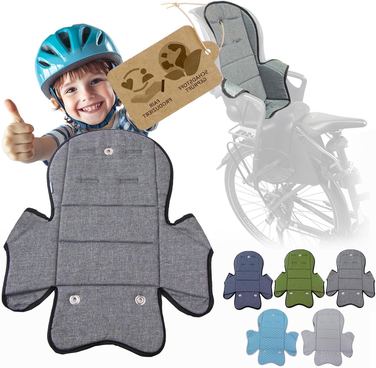 Vervangende hoes kinderfietszitje - Reservekussen fietsstoel - Comfortabel fietsen - Wasbaar op 30°C - Universeel - Grijs gemêleerd