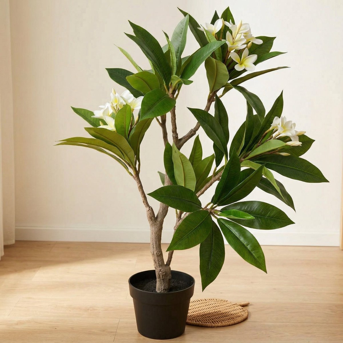 Cheqo® Kunstplant Plumeria - Frangipani Nepplant - Kunstboom met Bloemen - Kunstbloem Wit Groen - Tropische Kamerplant - Levensecht voor Binnen in Pot - Sierplant - Decoratie voor Woonkamer Slaapkamer en Kantoor - Bloesem