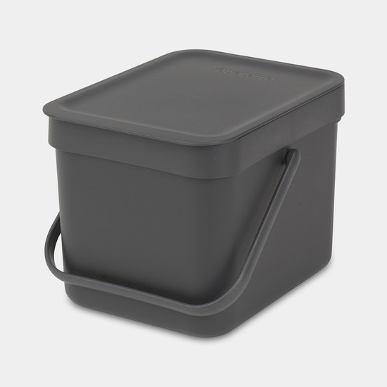 Boîte à compost Brabantia gris foncé avec couvercle et poignée de transport.