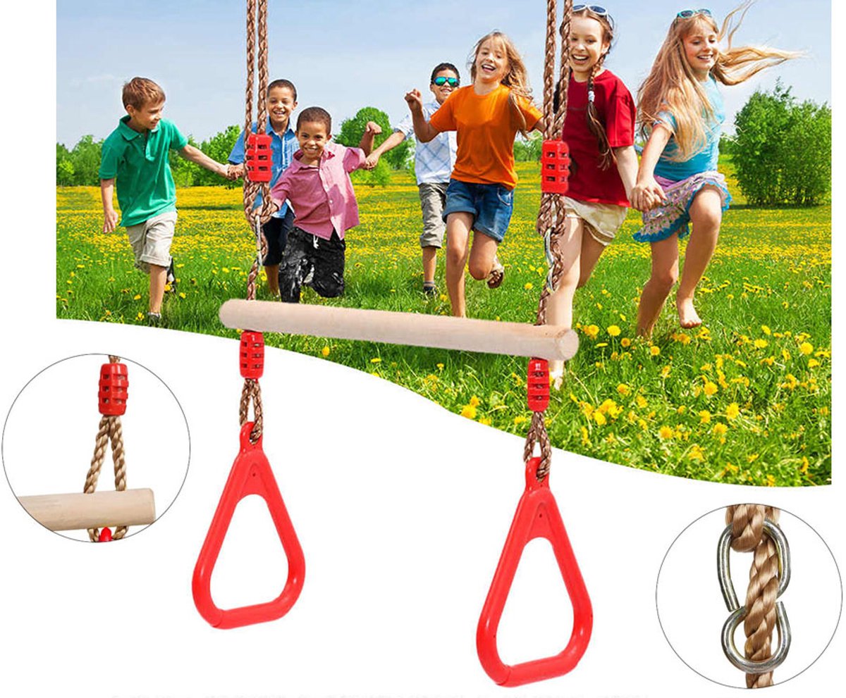 Houten Trapeze Schommel met Ringen – Kinder Gymnastiek Schommel voor Tuin & Binnen – Verstelbaar – Tot 100kg – houten schommel ringen – gymnastiek ringen kinderen – actief speelgoed kinderen – schommel – trapeze – ringen schommel – 32443 — afbeelding 5