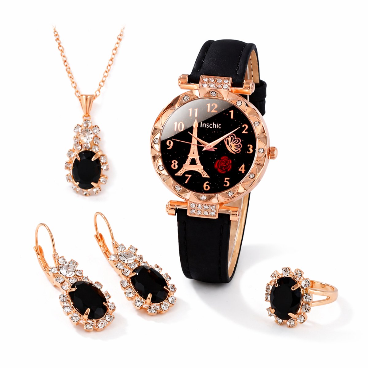 Zwart analoog horloge dames - ronde wijzerplaat met goudkleurige details en Eiffel Tower design - zwarte band - quartz horloge (sieraden niet inbegrepen)