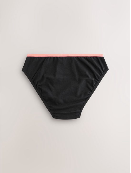 Zwarte bikini-onderbroek met oranje elastische tailleband met 'NEXT'-logo.