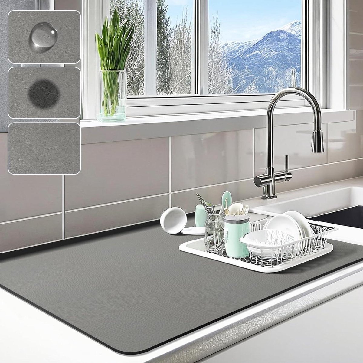 Aanrecht Droogmat - Absorberende Mat - Keuken Afdroger - Sneldrogend Antislip - 40x60cm - Grijs