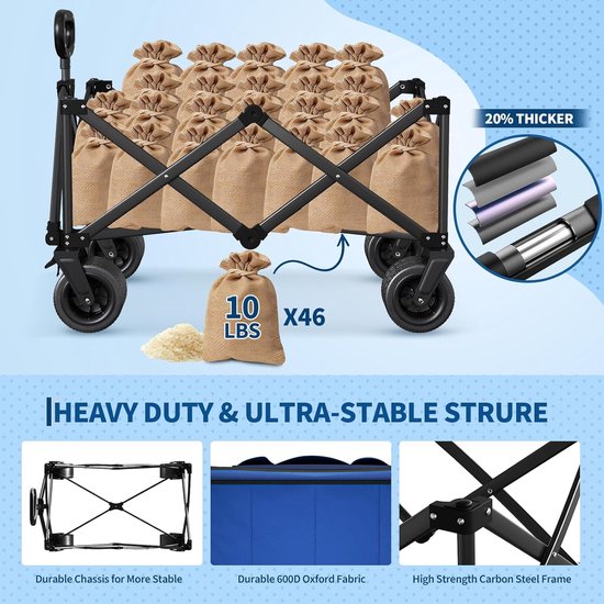 Heavy-Duty Opvouwbare Bolderkar Zwart - Draagkracht 215 kg / 280 Liter - Bolderwagen met All-Terrain Wielen, Remmen & Bagagespin - Strandkar & Kamperen - Blauw — afbeelding 2