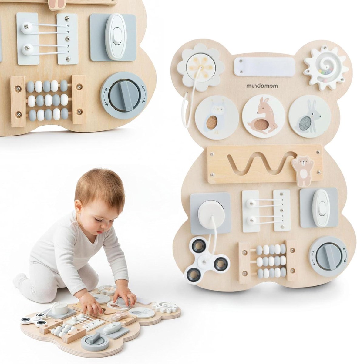 Sensorisch Bord Beer - Educatief Spel Baby - Motorische Ontwikkeling - Hout met Veilige Randen - 30 x 40 cm