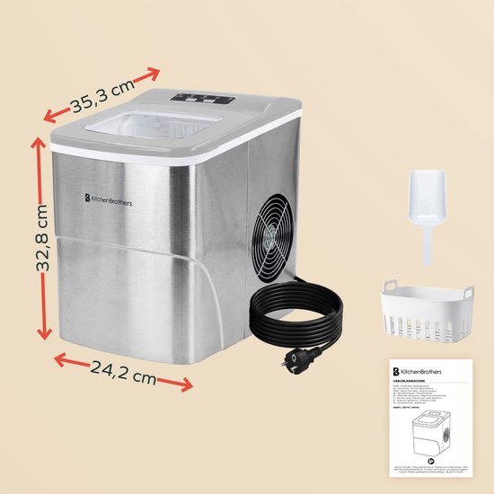 KitchenBrothers Ijsblokjesmachine - 2L - 12kg/24 uur - BPA-vrij - IJsschep - IJsblokjesmaker - Zelfreinigingsfunctie - Zilver