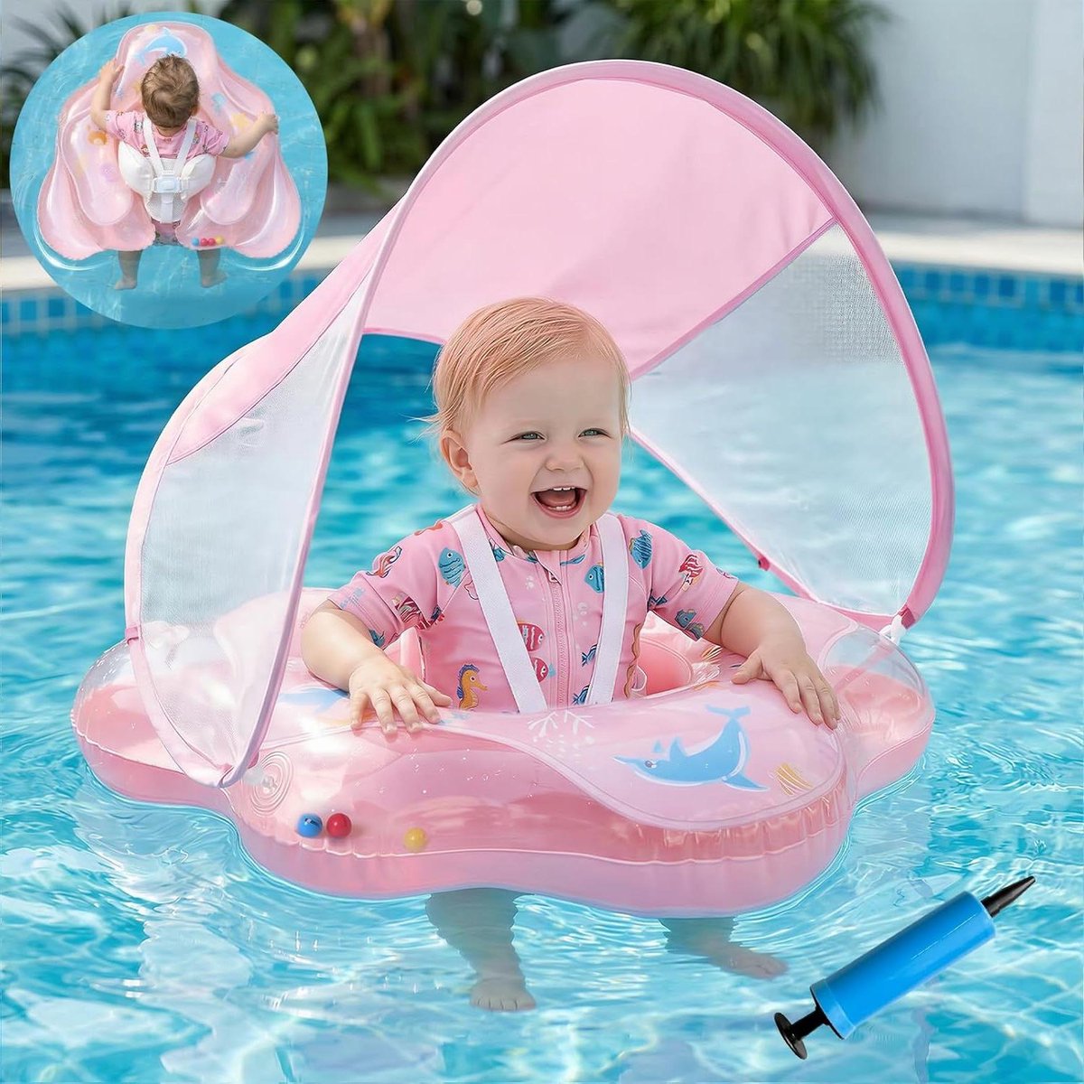 Babyzwemring met zonneklep - Babydrijver zwembad - Veilig zwemplezier - UPF50+ UV bescherming - Tot 20 kg - Lichtroze