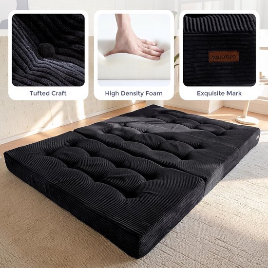 Opvouwbaar Matras - Gastmatras Futon - Ruimtebesparend Slapen - 15cm Schuimvulling - 90x195cm - Zwart — afbeelding 2