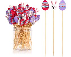 100 Stuks Houten Paas Cocktailprikkers van 12 cm met Konijn en Ei Thema voor Decoratieve Snacks, Taarten en Fruit voor Paasfeest Decoraties