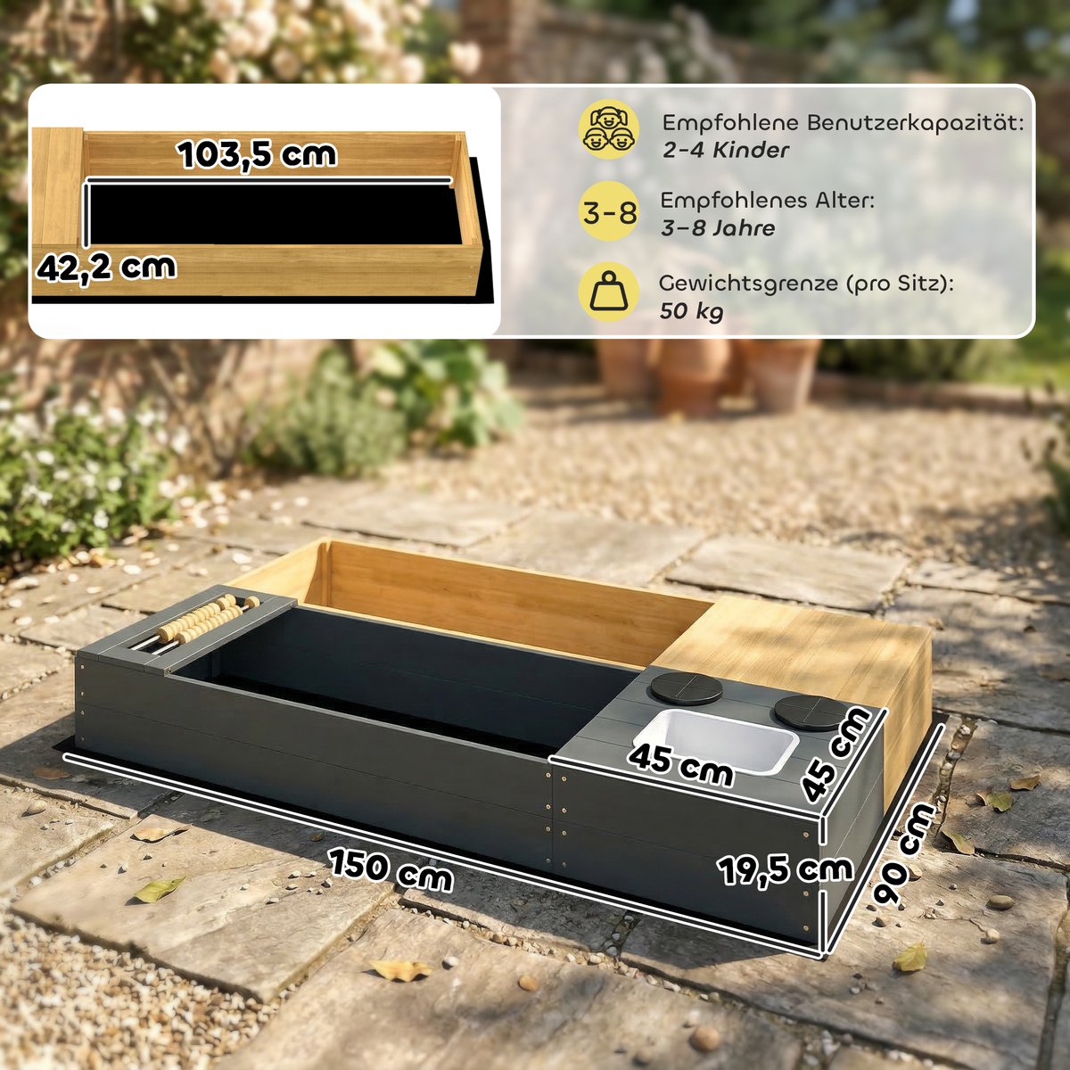 AIYAPLAY Kinderspeelstation-Grenenhout, kunststof-150L x 90B x 19,5H cm-Geel — afbeelding 5