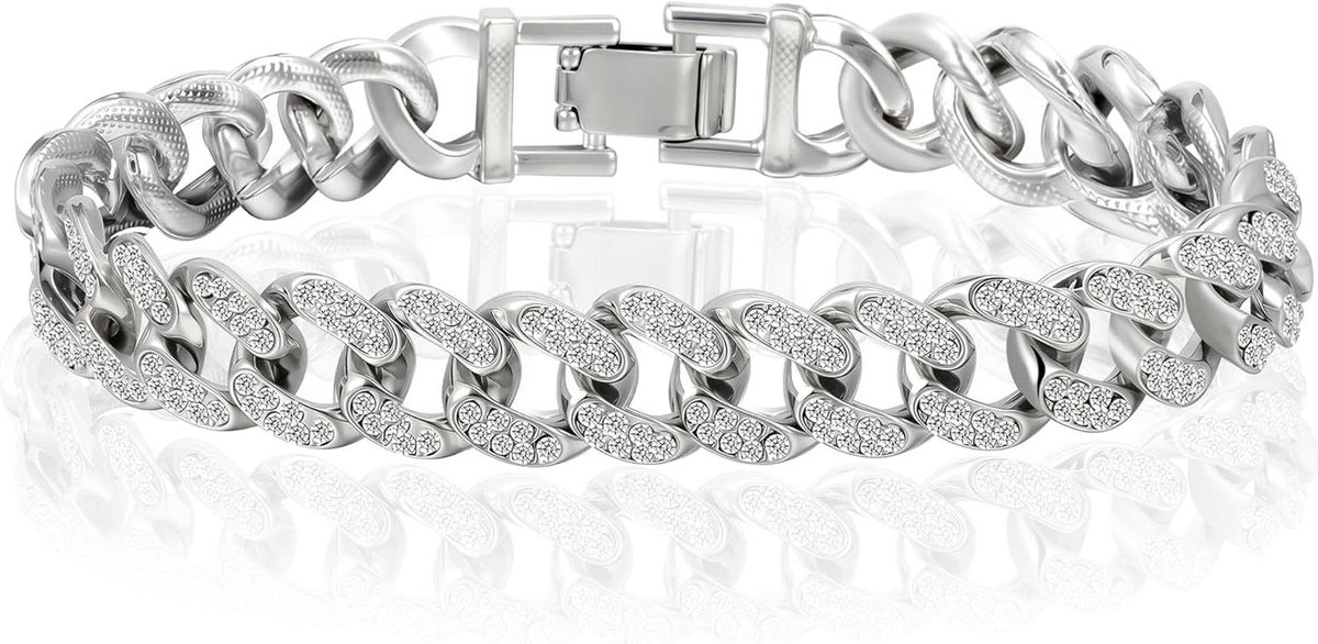 Cubaanse Ketting - Heren Armband - Cadeau Geven - Glanzende Strass Steentjes - 16-18-20-22 cm - Zilverkleurig
