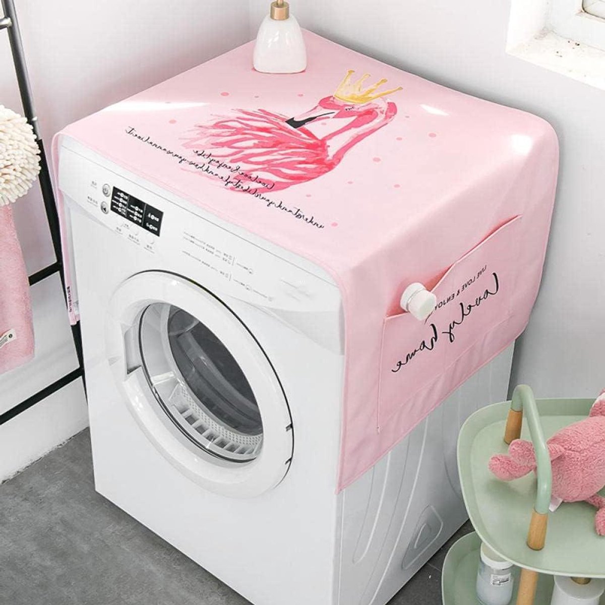 Wasmachine Drogerhoes - Apparaatbeschermer Stofkap - Huishouden Organiseren - Met Opbergvakken - 55 x 140 cm - Roze Flamingo