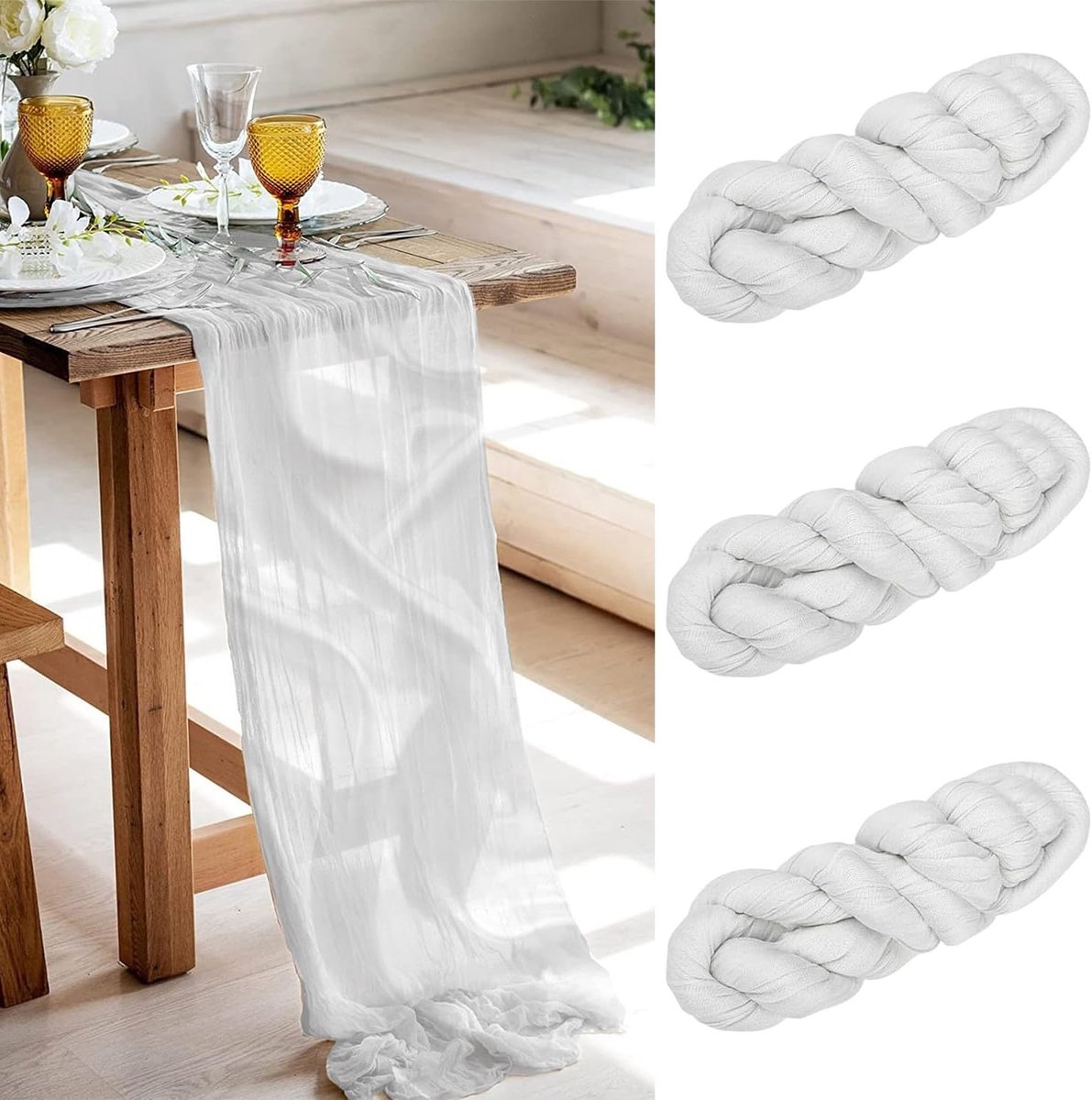 Elegante Witte Kaasdoek Tafelrunner 90 x 300 cm - Translucente Boho Tafelkleed voor Bruiloft, Diner en Feestdecoratie