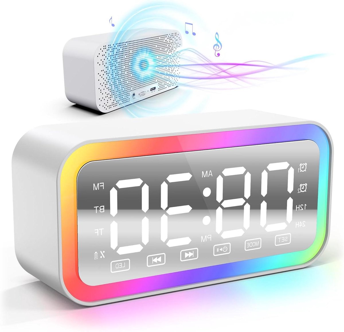 Digitale Wekker Speaker - Nachtlampje Radio - Wakker Worden - Spiegel Display - Compact - Wit